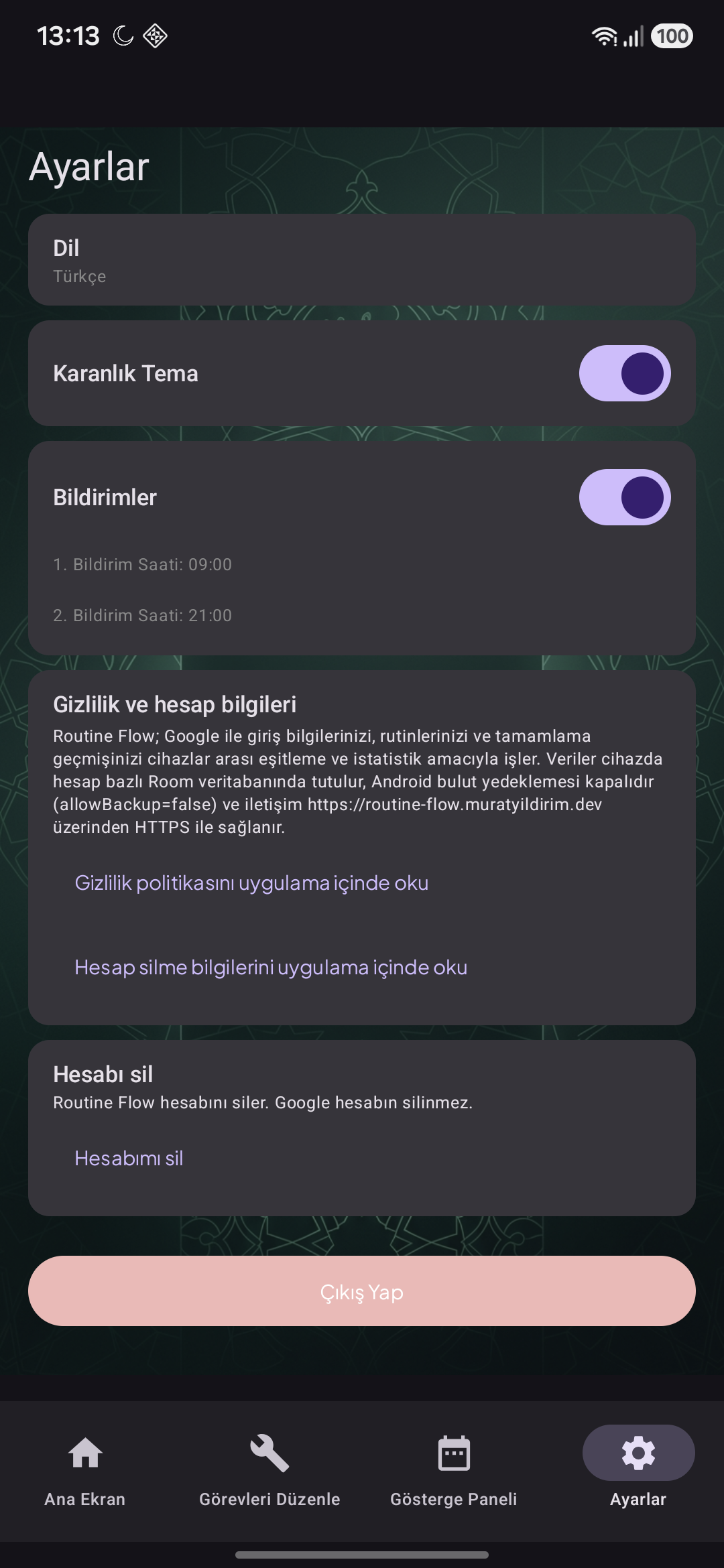 5. Ayarlar (Koyu Tema)